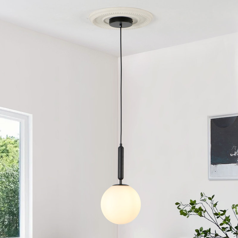 1 Light Globe Pendant Light White Glass Ball Shade, Noir mat