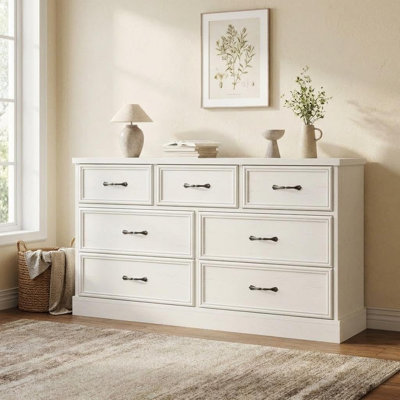 Commode 7 tiroirs Farmhouse, commode en bois de 55 po de largeur, rangement robuste, meuble télé pour chambre d'enfant