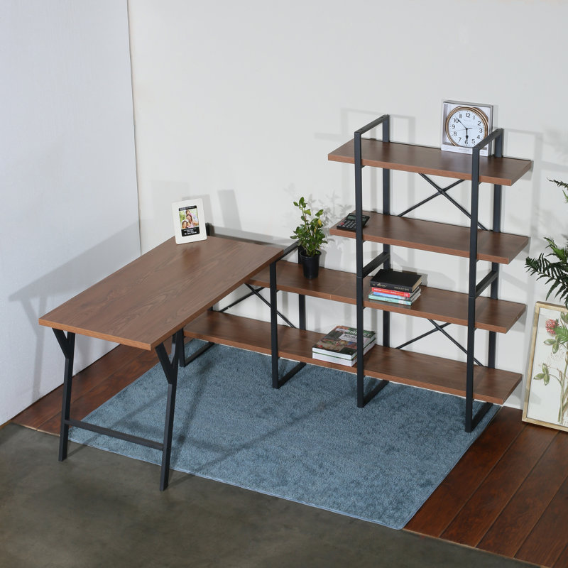 Walnut Wood L-Shaped Writing Desk with Shelves