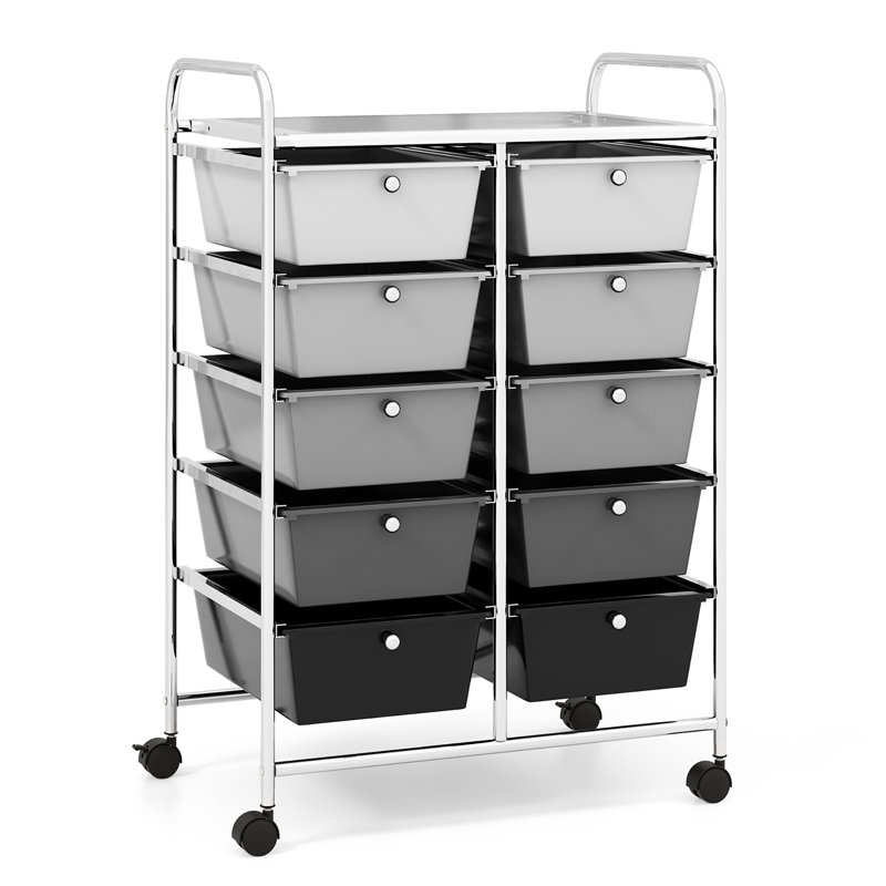 Milin 10 Drawer Storage Drawer with Locking Wheels, Black/Gray