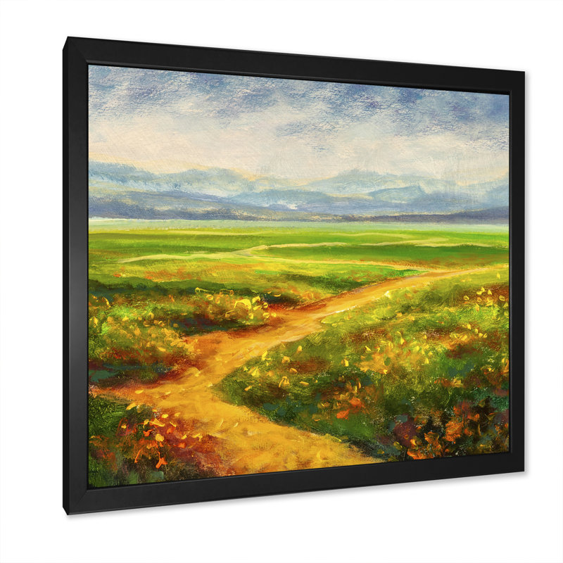 Chemin vers un champ floral coloré II - Peinture, Cadre photo noir, H 16 po x l 16 po x P 1 po
