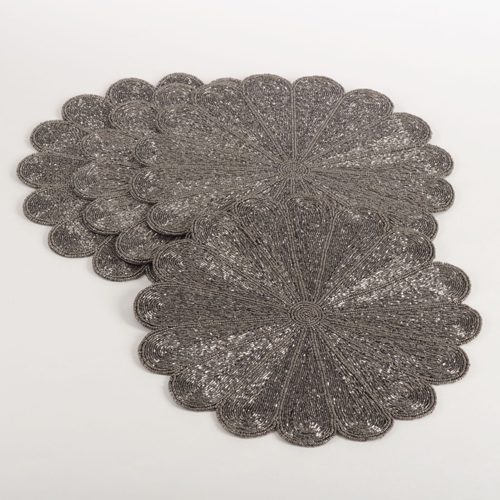 Kaeto Flower Design Beaded 15" Glass Placemat, Pewter