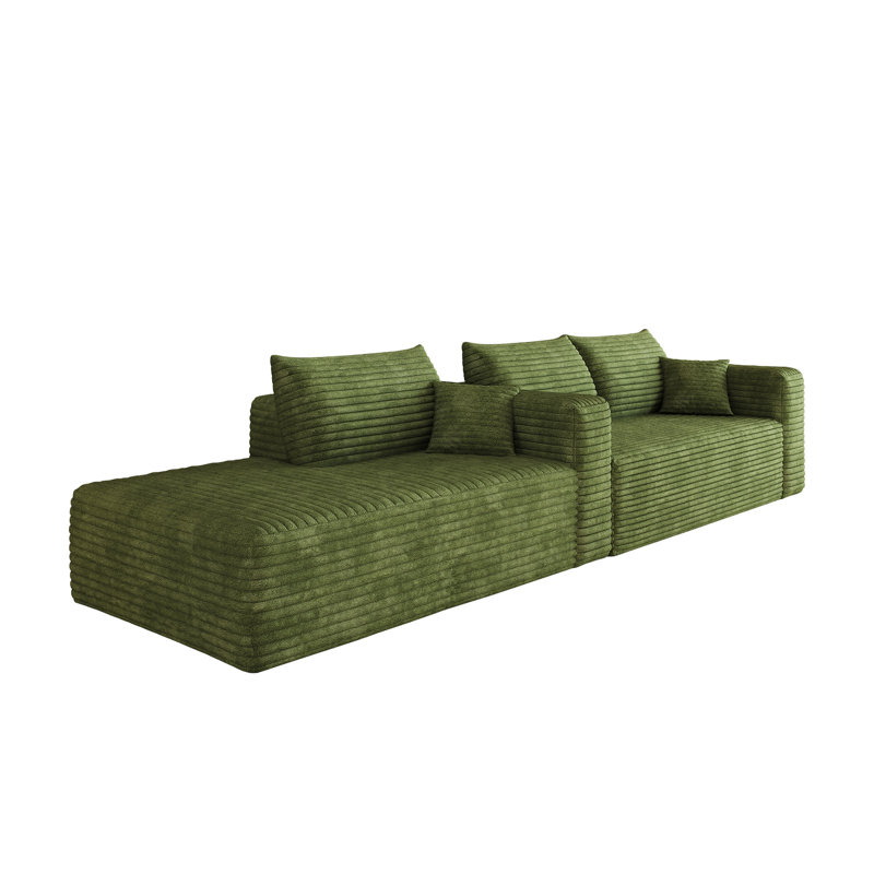 Canapé modulaire en forme de L de 103 po en velours côtelé pelucheux, aucun assemblage requis, Green Corduroy