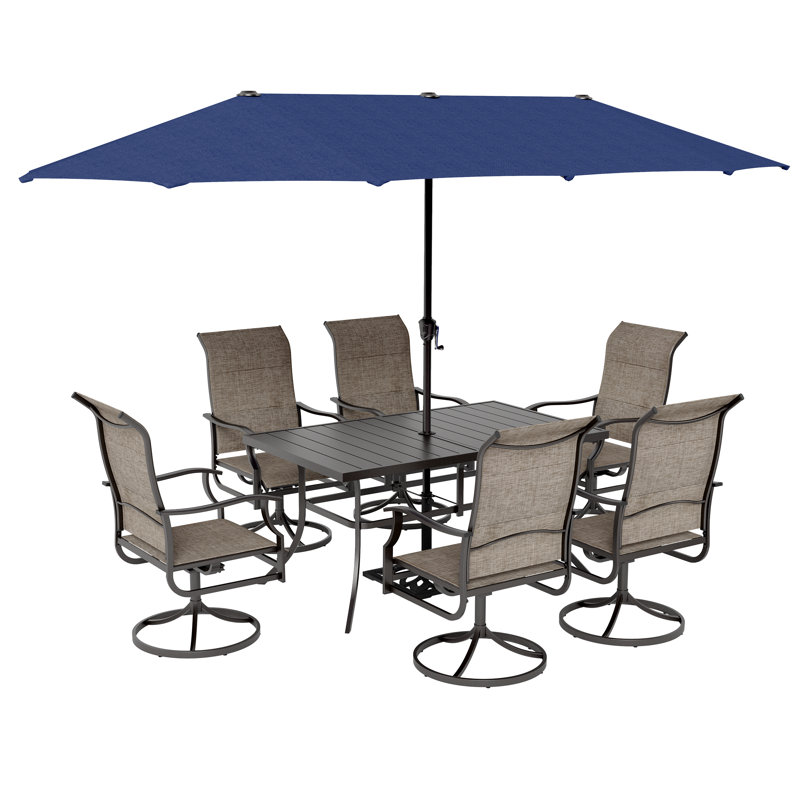 8pcs Rectangle Outdoor Patio Dining Set With Umbrella, Navy