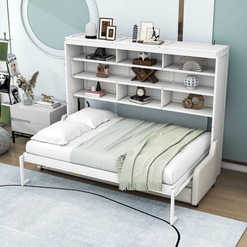 Lit escamotable avec canapé confortable intégré, éclairage DEL et tablettes Murphy, Double