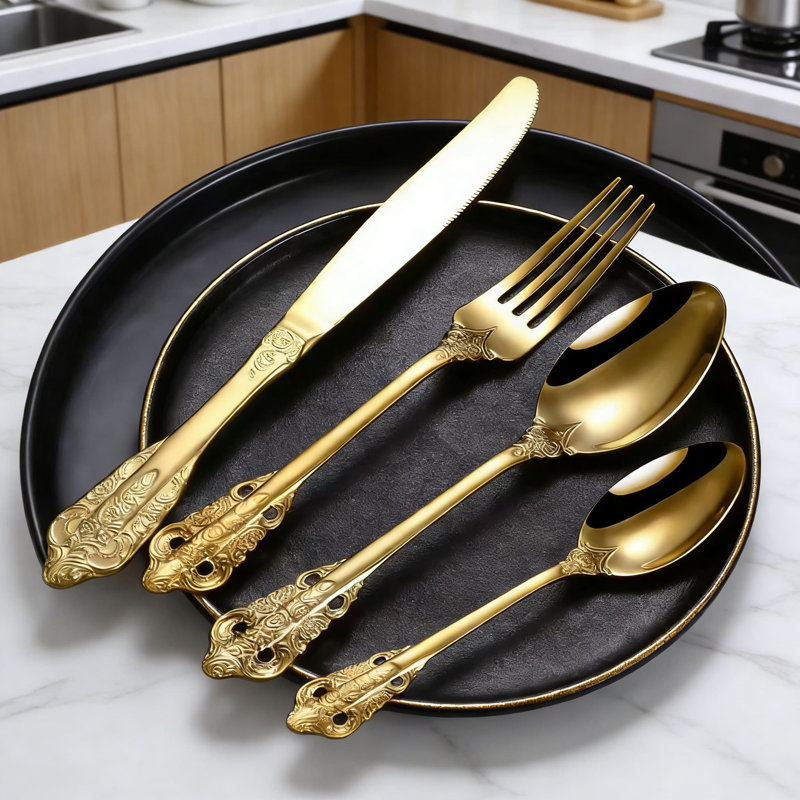 Ensemble 30 pièces de couverts en or de luxe, couverts en acier inoxydable pour 6, poli miroir