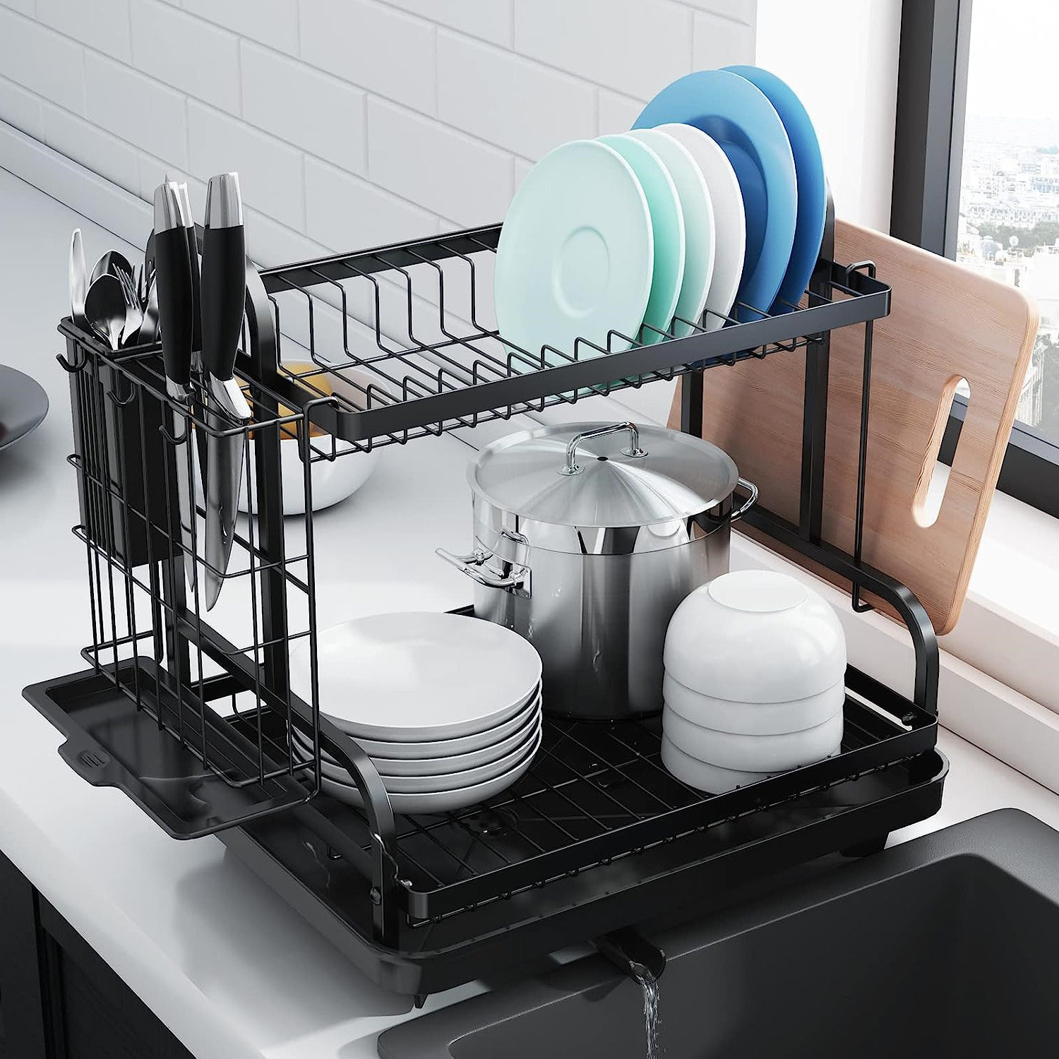 Dish Drying Rack Collapsible 2 Tier Dish Rack and Drainboard Set - Black