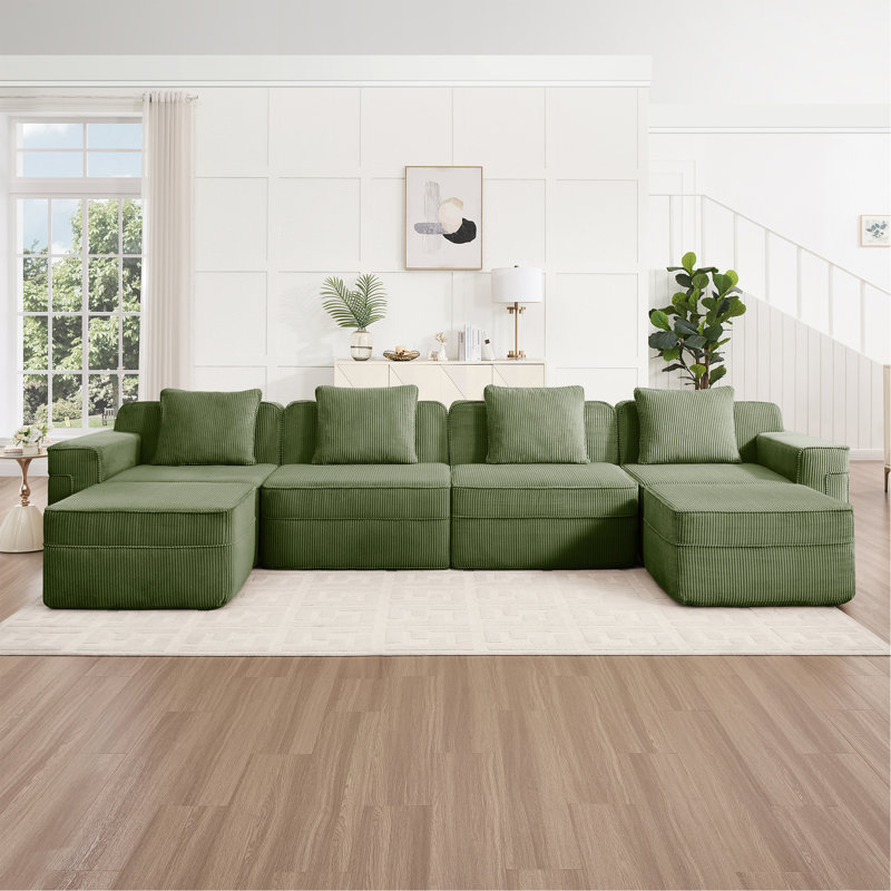 Canapé modulaire modulaire en forme de U sans siège à 4 places, canapé modulaire Cloud avec assise profonde, canapé modulaire moderne à 4 places avec coussins décoratifs et 2 repose-pieds amovibles, tissu en velours côtelé