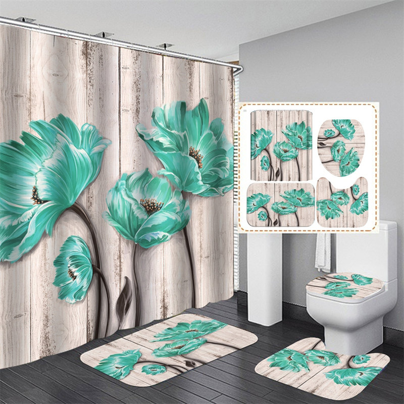 4 Piece Floral Shower Curtain Set, Green