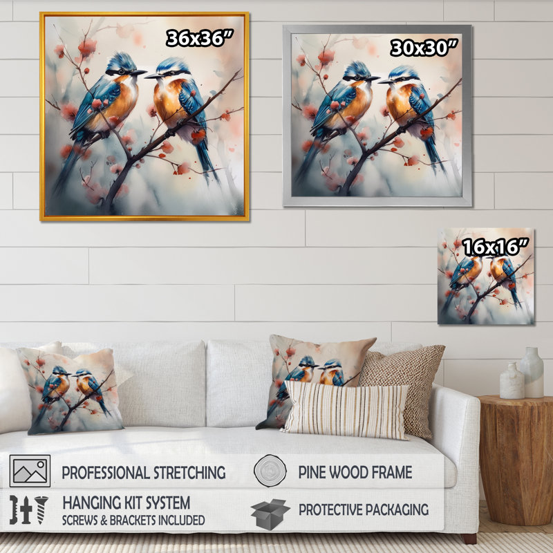 «Blue Birds Sitting On Tree Branch II», reproduction d'oiseaux sur toile, H 16 po x l 16 po x P 1 po, Cadre photo noir
