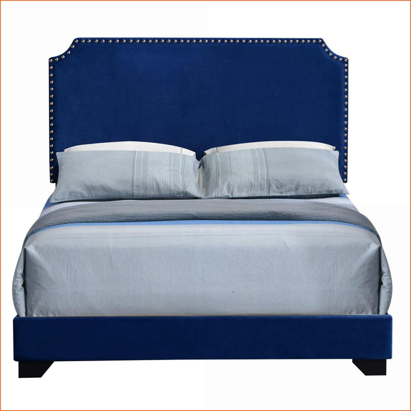Grand lit à panneau tapissier en velours bleu avec tête de lit Garniture cloutée, structure en bois robuste pour la chambre à coucher