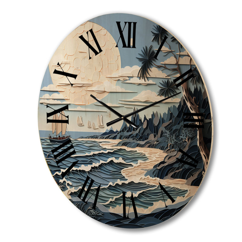 Horloge murale surdimensionnée en bois Beach Boat Elegance Papercut I, Grand