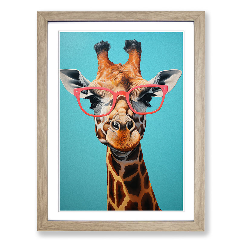 Giraffe With Glasses No.3 - Single Picture Frame Print on Wood, Oak, 64cm H x 46cm W x 2cm D