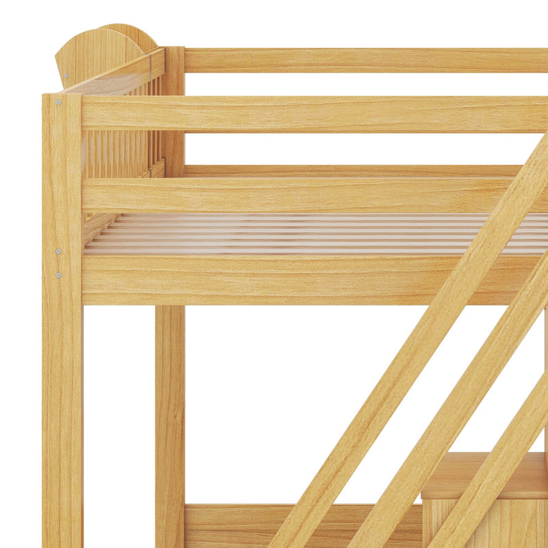 Grand lit mezzanine en bois avec escalier et garde-robe, lit superposé multifonctionnel avec tablettes de rangement et espace sous le lit