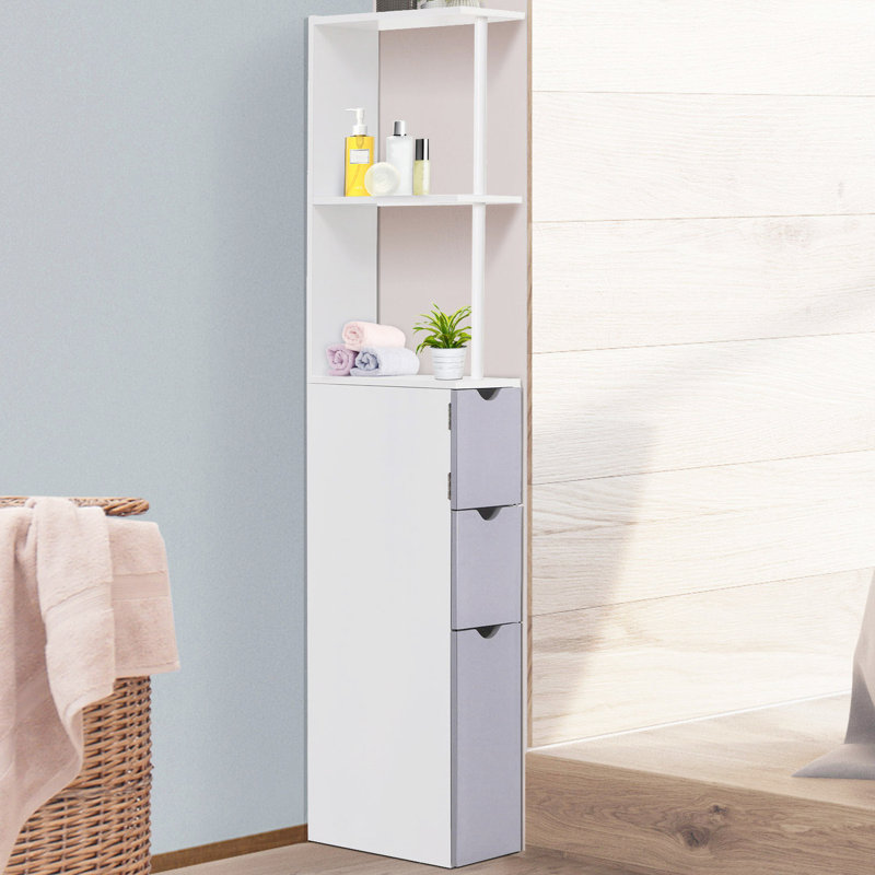 Armoire de salle de bain blanche 54 po - Tablette à 2 niveaux et tiroirs pour rangement compact H 53,75 po et rangement autoportant en lin étroit
