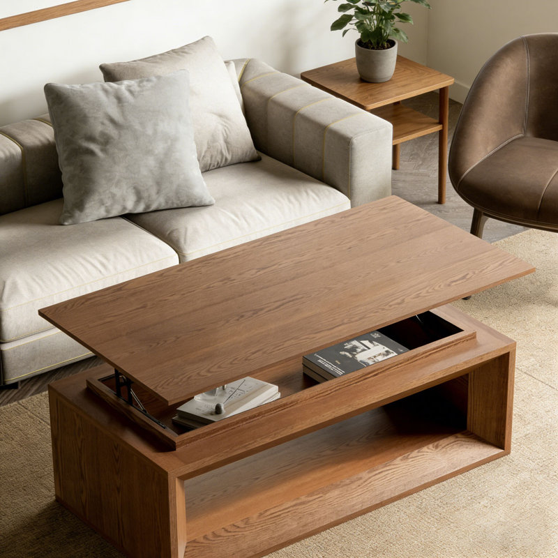 Table basse à plateau relevable 43,3 po avec rangement, Noyer