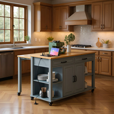 Îlot de cuisine 47 po avec table de salle à manger extensible, comptoir en placage de bois d'hévéa, prise de courant intégrée, supports de rangement internes, 2 tiroirs et 2 armoires