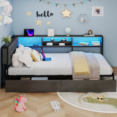 Lit de coin simple avec tête de lit rembourrée, 2 tiroirs de rangement, cadre de lit plateforme en métal avec lumière DEL et station de recharge, lit simple pour salon, chambre