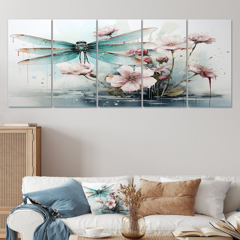 «Green and Pink Flower Flying Dragonfly By The Pond - Insectes & Bugs», art mural 5 pièces, H 28 po x l 60 po