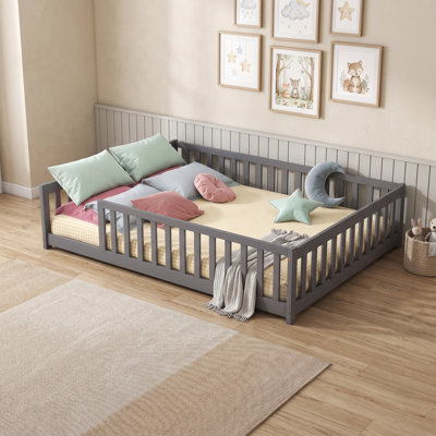 Wood Floor Bed with Fence and Door-Free Safety Guardrails and Slats Support