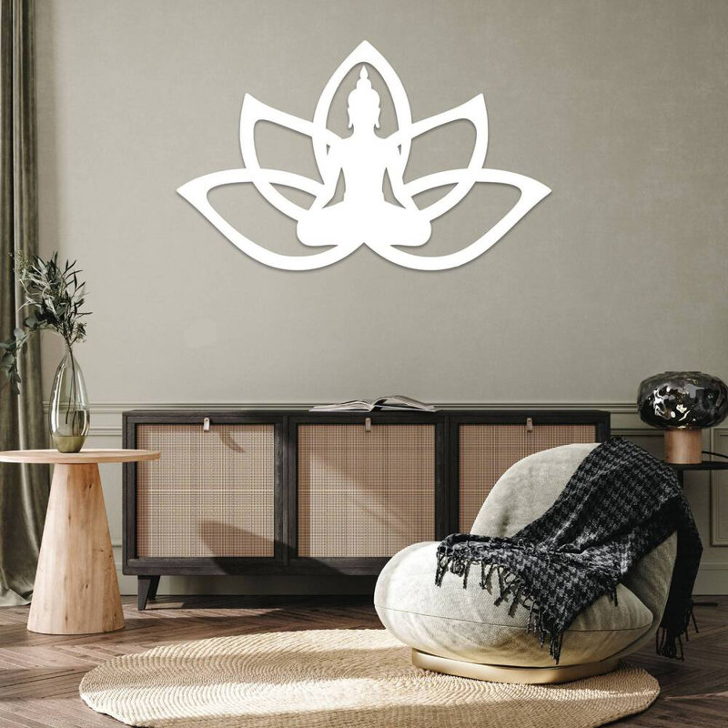 Art mural en métal fleur de lotus Bouddha - méditation spirituelle zen, H 15 po x l 24 po x P 1 po, Argent