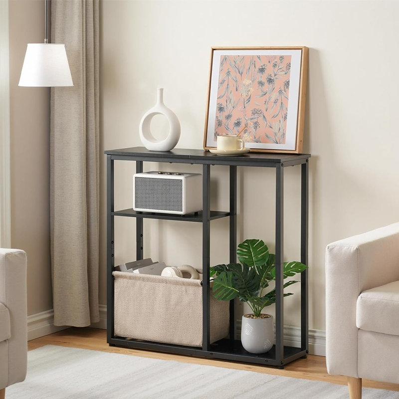 Console étroite avec panier de rangement, petite table d'entrée de 29,5 po avec tablettes de rangement à 3 niveaux, table de canapé derrière le canapé, table de couloir pour le salon, noir et beige