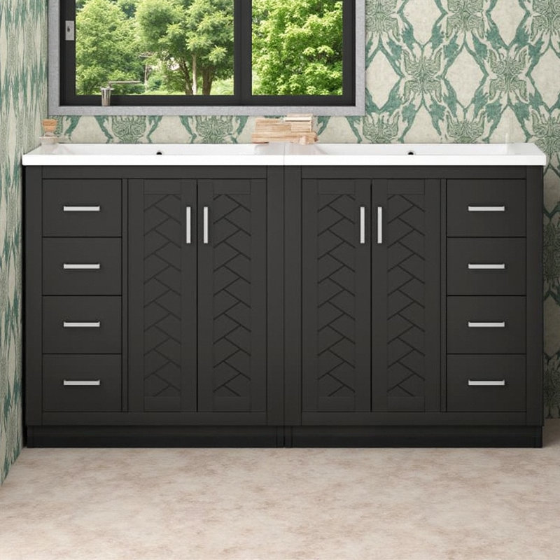 Meuble-lavabo double 60 po avec lavabos en céramique, armoire de rangement en bois massif, Noir