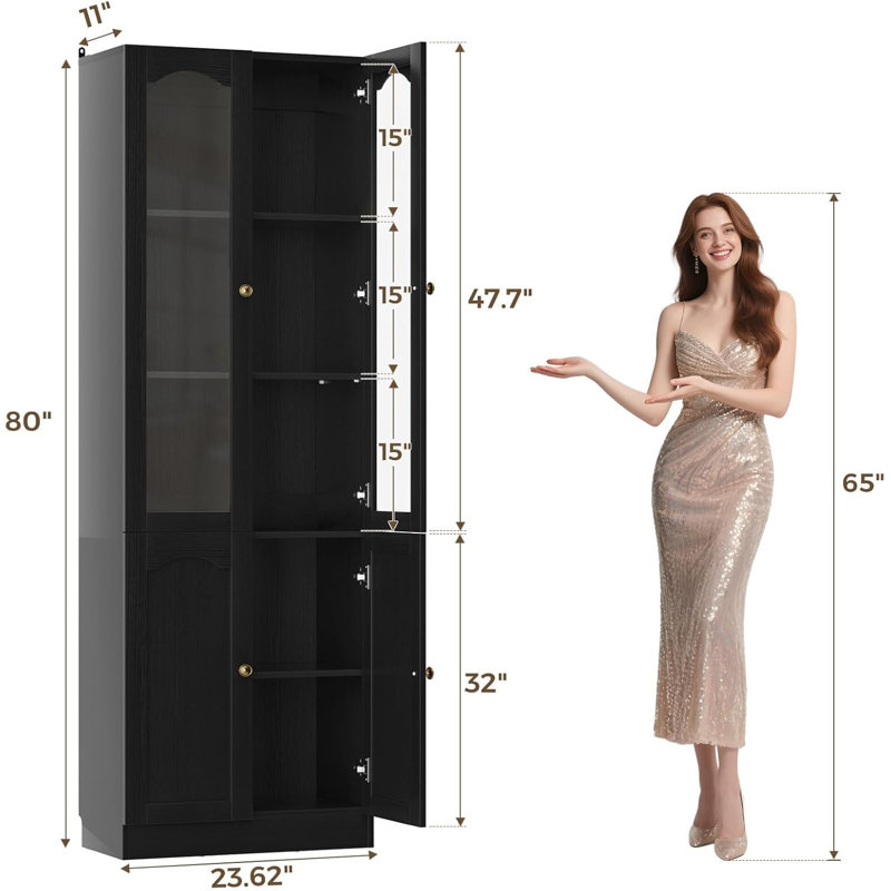 Bibliothèque H 80 "x l 47,2" avec tablettes réglables et porte en verre, Noir