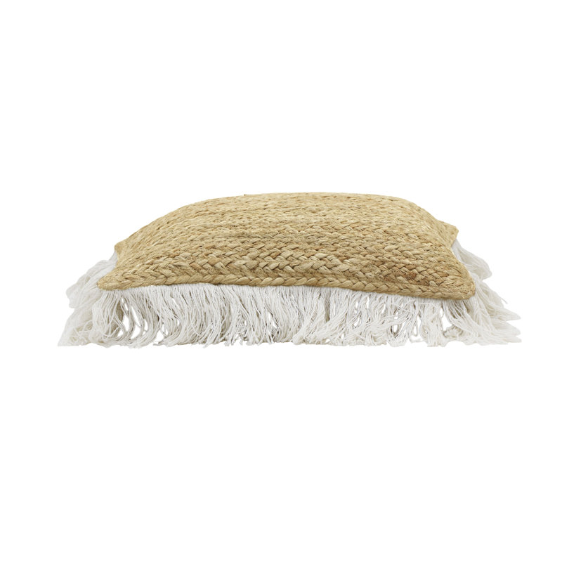 Natural Beige Jute and Cotton Square Accent Pillow with Fringe