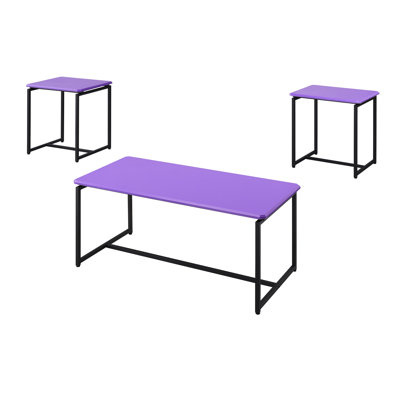 Tables avec revêtement en fibre de carbone violet - 3 pièces, structure en métal, pieds réglables, plateau rectangulaire à densité moyenne, coins inclinés, 0,7 po d'épaisseur, table basse en café mauve et 2 extrémités avec base à bords biseautés