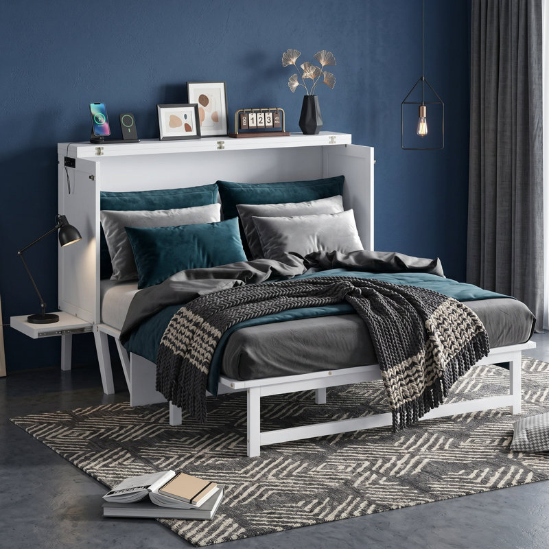Grand lit escamotable avec tablettes port USB de chaque côté, lit escamotable en pin massif, White
