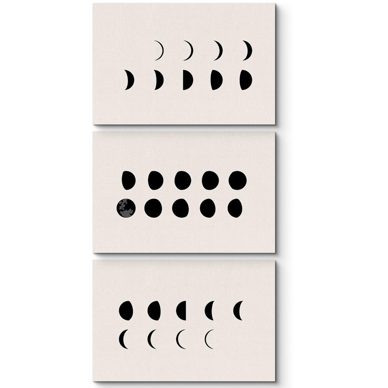 "Lune monochromatique moderne à phase lunaire minimaliste" 3 pièces, Toile tendue, H 24 po x l 36 po