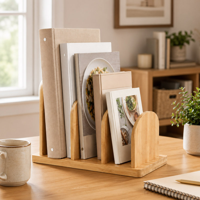 Bamboo Cookbook Organizer Rack with 4 Storage Slots