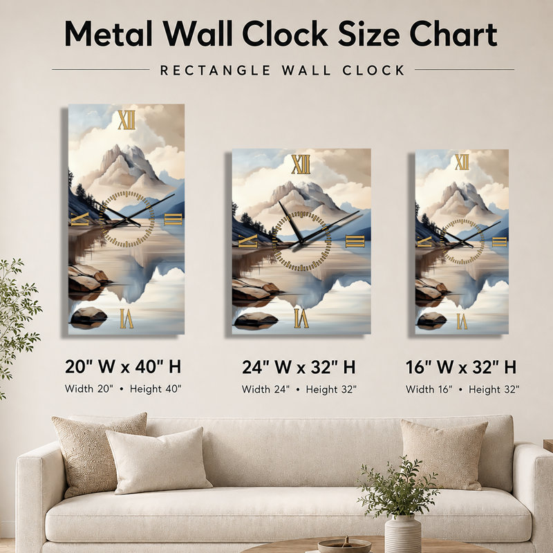Reflets des sommets tranquilles des montagnes II - Horloge murale silencieuse de format paysage, 32" H x 16" W - Rectangle