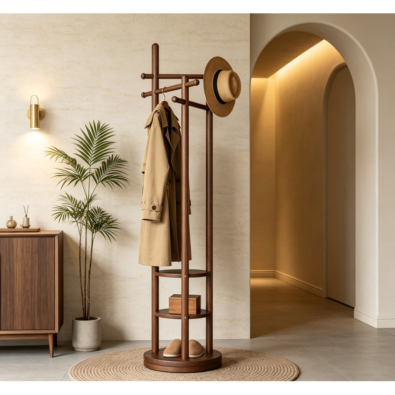 Solid Wood Coat Tree 6 Hooks 3 Storage Shelves