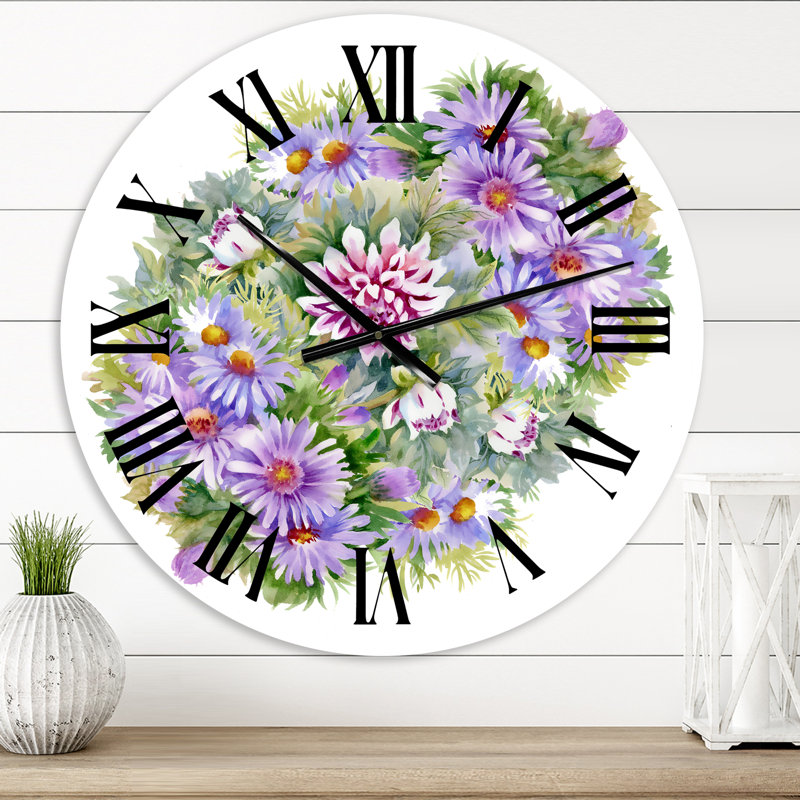 Bouquet de chrysanthèmes et de marguerites mauves - Horloge murale traditionnelle, Moyen
