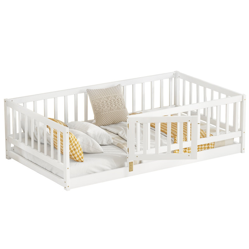 Twin Montessori Floor Bed with Safety Fence & Door, Wooden Toddler Bed Frame, White