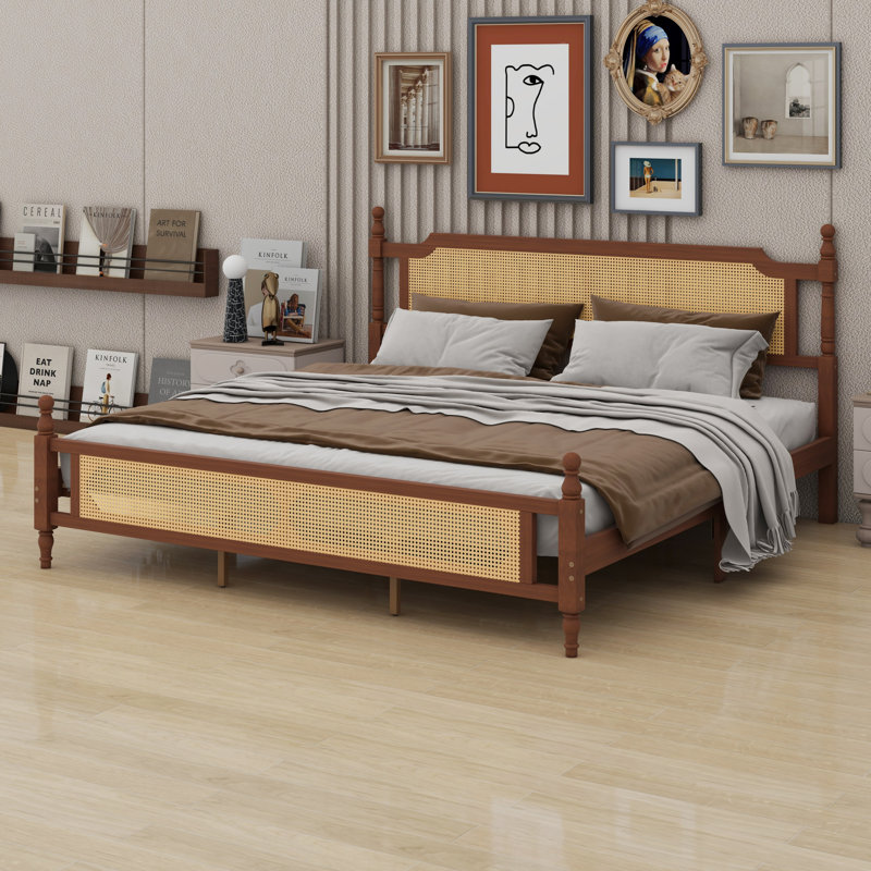 Lit en bois avec tête et pied de lit en rotin, Noyer, naturel