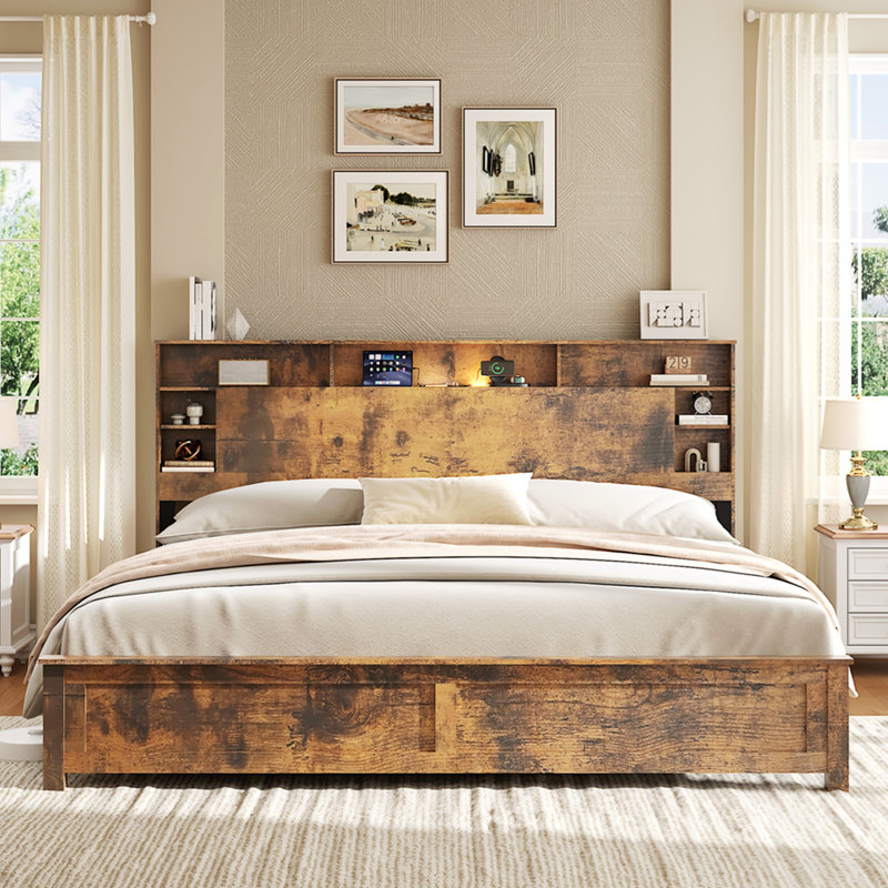 King Size Bed Frame with Storage Headboard, Wood Platform Bed Frame with Charging Station, LED Lights & Bookcase, No Box Spring Needed, Dark Brown