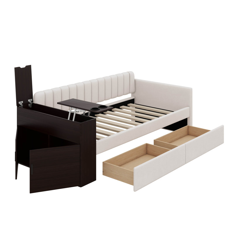 Lit de jour simple rembourré avec accoudoirs de rangement et 2 tiroirs, Beige