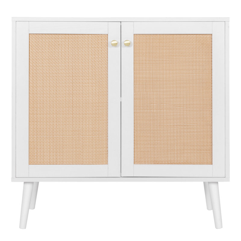 Barthol Accent Storage Cabinet with Rattan Doors, Sideboard Buffet Cabinet, Adjustable Shelves for Living Room, White