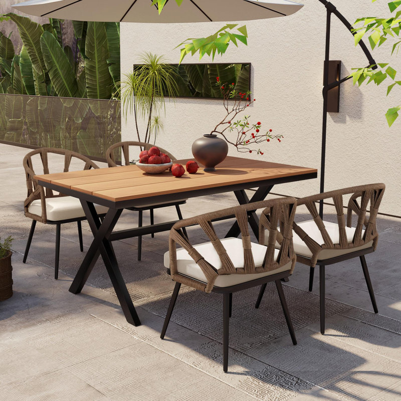 5 Pieces Patio Dining Set Wicker Outdoor Furniture Rectangular Table And Chairs Set For Garden Deck, Oak