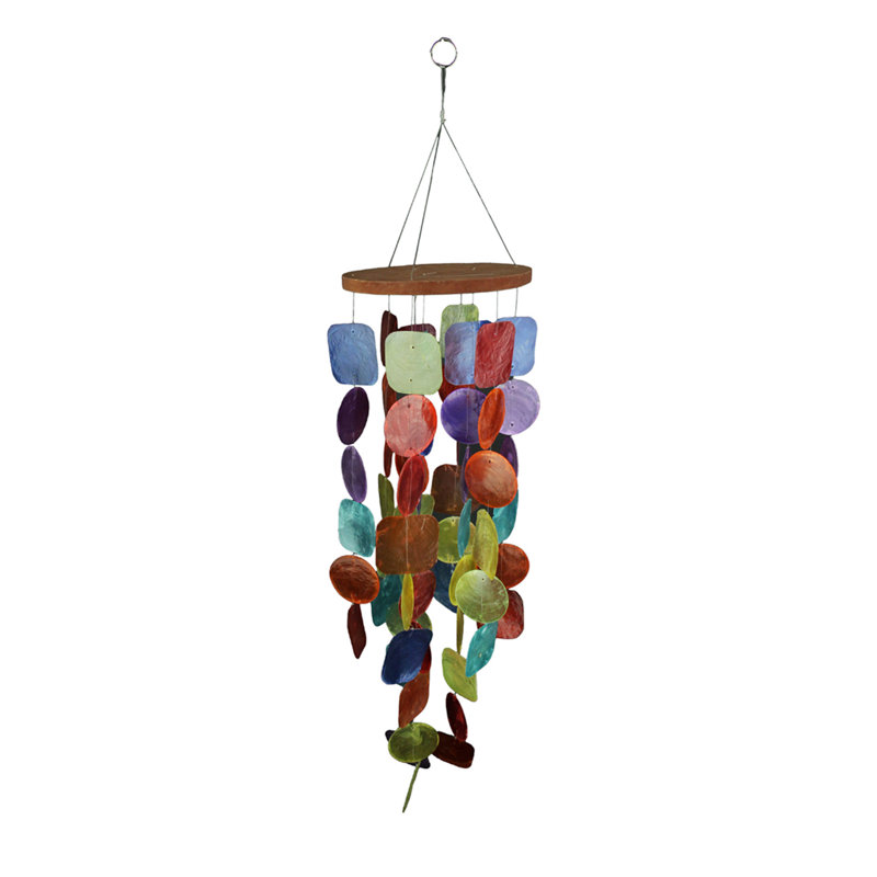 Carillon de Capiz teinté multicolore Akinobu bordé de bois et de cordes robustes pour le jardin - 26 po de long x 5,75 po de diamètre