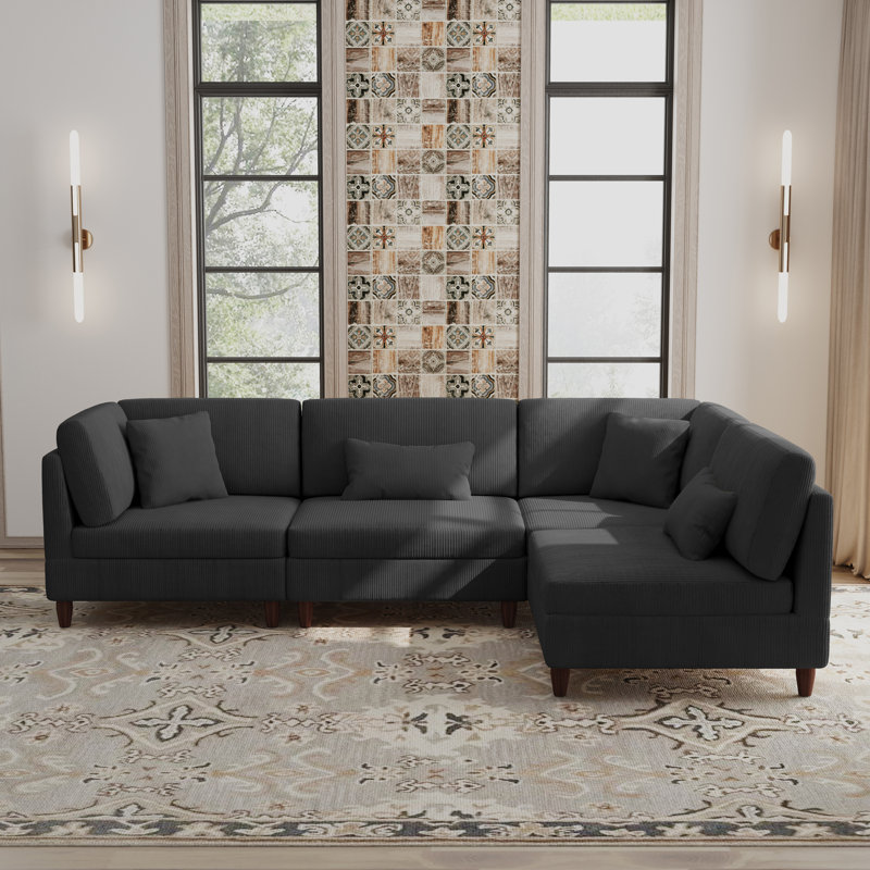 Michelyn 160.4"W 4 - Piece Corduroy Modular Sectional Sofa with Solid Wood Leg, Gray Corduroy