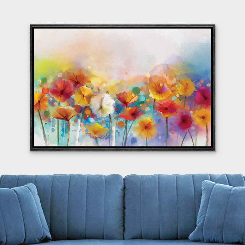 Flower Blossom "Watercolor Rainbow Effect Yellow and Red Daisies Colorful" sur toile, Noir, H 16 po x l 24 po