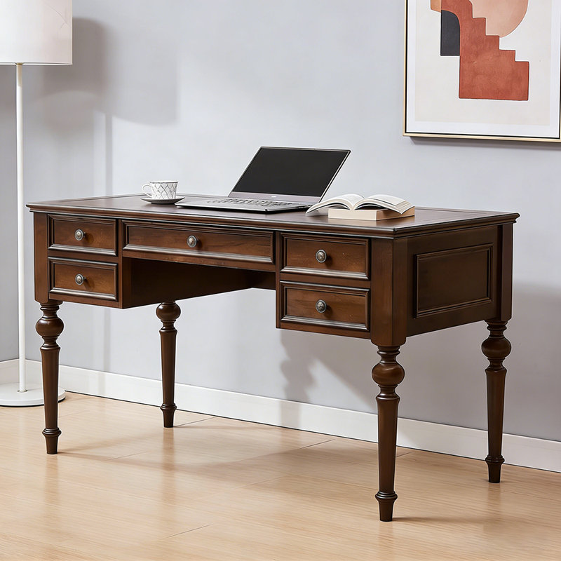 Bureau en chêne massif avec cinq tiroirs American Retro, H 30,71 po x l 55,12 po x P 27,56 po, Brun