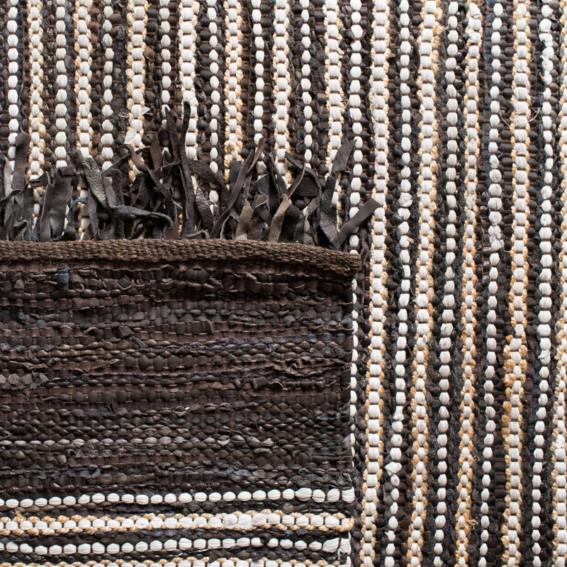 Exley Vintage Leather Hand Woven Leather Cotton/Jute Striped Rug in Dark Brown, Square 6'