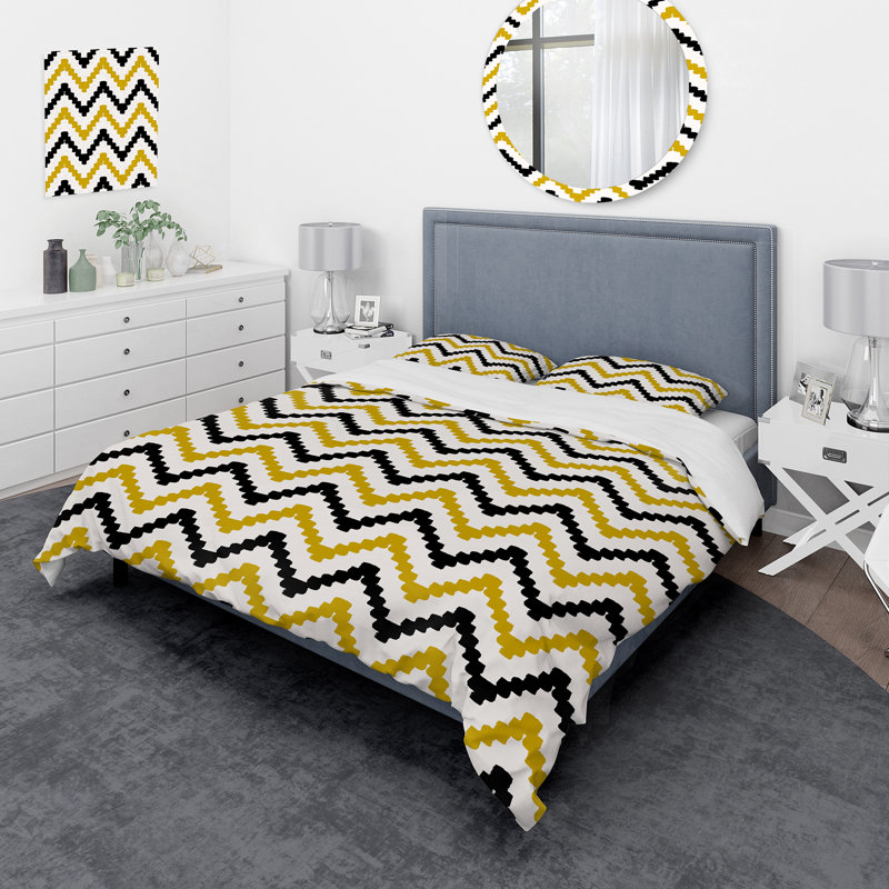 Chevron noir et jaune - ensemble de housse de couette moderne - microfibre de polyester