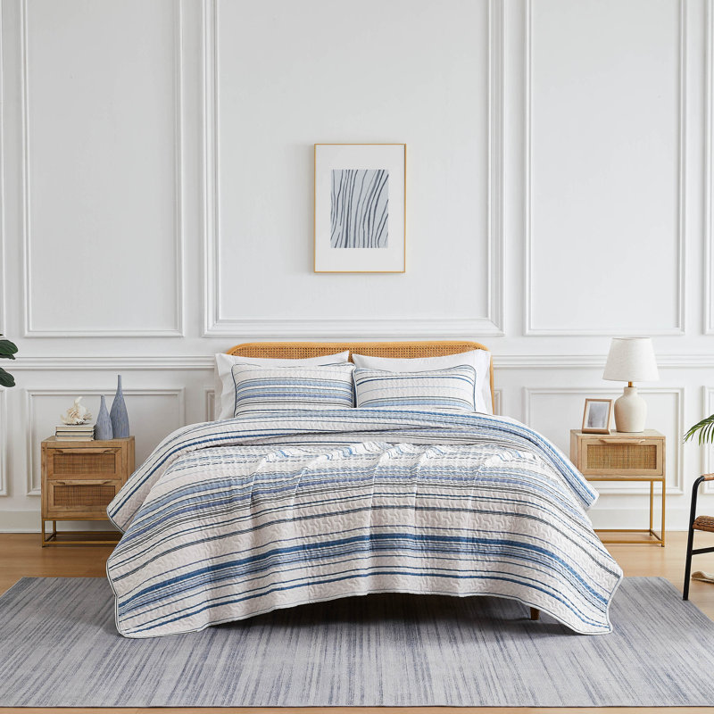 Coastal Stripes Collection Reversible Quilt Set, Blue, Queen Quilt + 2 Standard Shams
