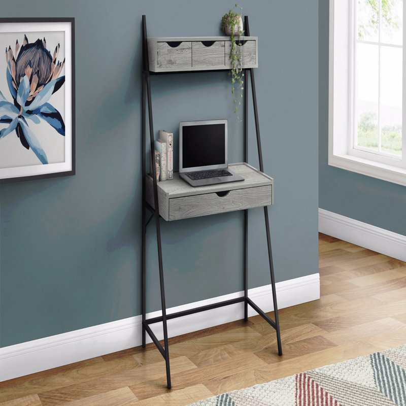 Bureau d'ordinateur, bureau personnel, ordinateur portable, incliné, tiroirs de rangement, L 32 po, bureau, stratifié gris, métal noir, contemporain, moderne